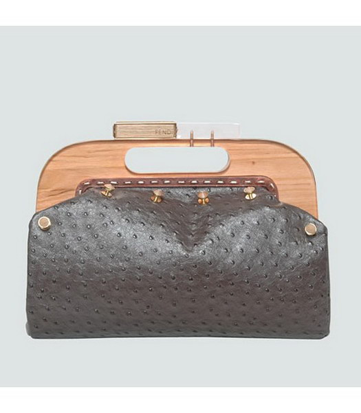 Fendi Wood Handle Tote Bag Ostrich Veins Leather Dusty Grey