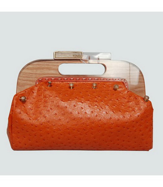 Fendi Wood Handle Tote Bag Ostrich Veins Leather Orange
