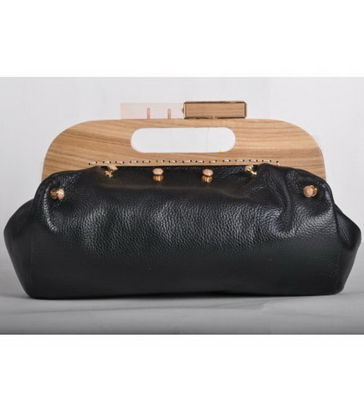 Fendi Wood Handle Tote Bag Togo Leather Black