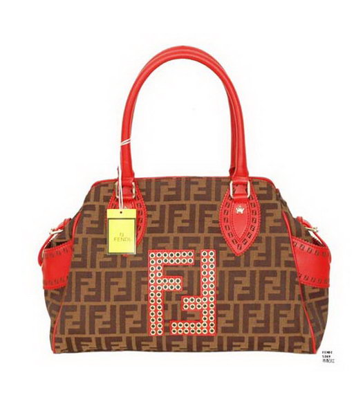 Fendi Zucca FF Bag with Red Leather Trim