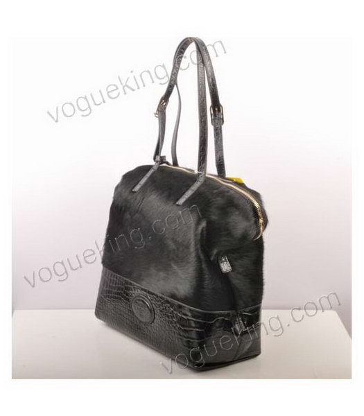 Fendi Zucca Shopper Handbag Black Horsehair With Croc Veins Leather-1