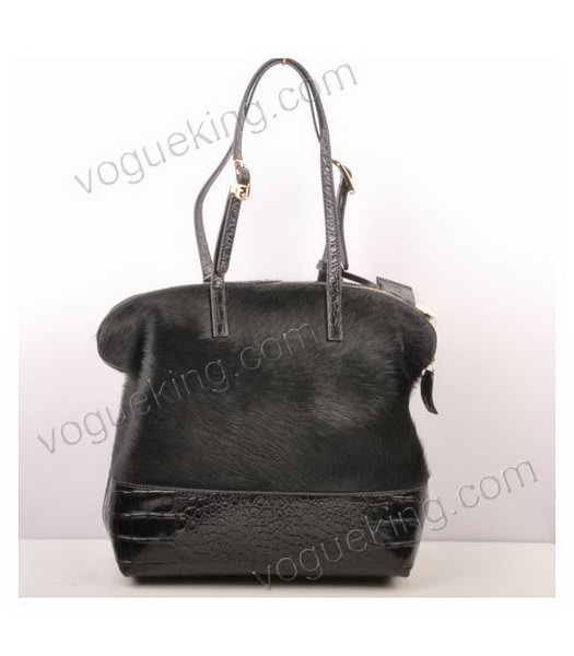 Fendi Zucca Shopper Handbag Black Horsehair With Croc Veins Leather-3