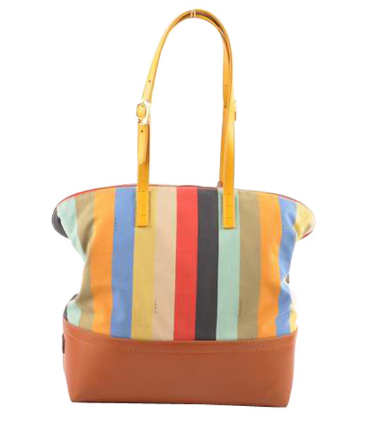 Fendi Zucca Shopper Handbag Multicolor Striped Fabric With Earth Yellow Leather