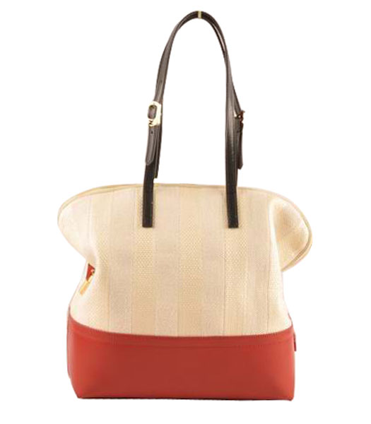 Fendi Zucca Shopper Handbag Offwhite Striped Linen With Red Leather