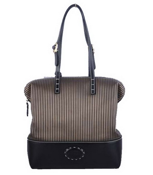Fendi Zucca Shopper Handbag With Black Stripe Leather