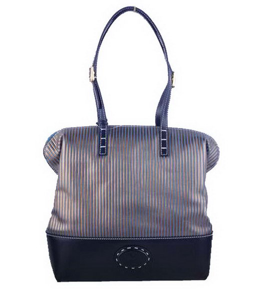 Fendi Zucca Shopper Handbag With Blue Stripe Leather