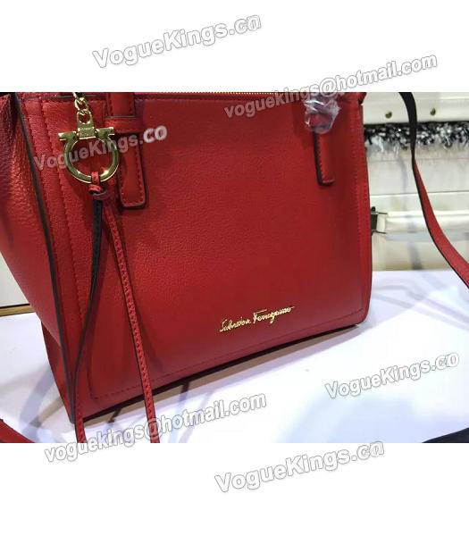 Ferragamo Litchi Veins Calfskin Leather Shoulder Bag Red-2