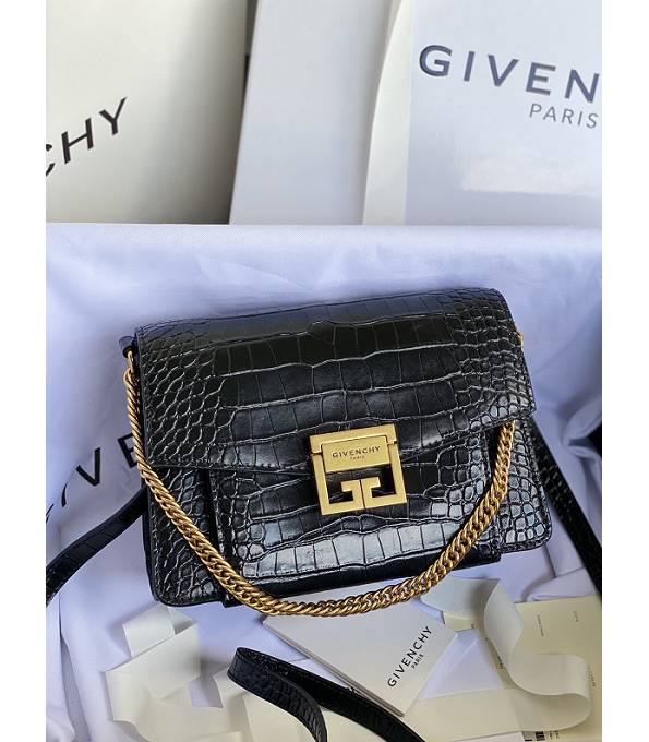 Givenchy GV3 Black Original Croc Veins Leather Golden Metal Small Shoulder Bag