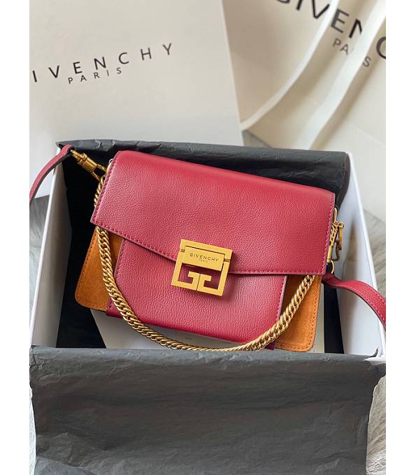Givenchy GV3 Brown Scrub With Red Original Calfskin Leather Golden Metal Small Shoulder Bag