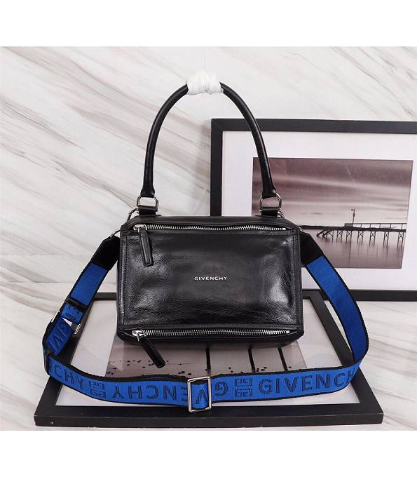 Givenchy Pandora Black Original Oil Wax Calfskin Leather Blue Strap 27cm Small Handle Shoulder Bag