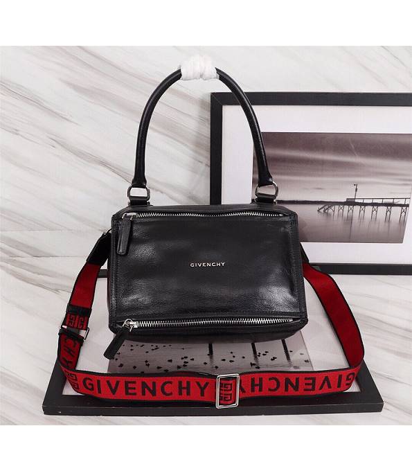 Givenchy Pandora Black Original Oil Wax Calfskin Leather Red Strap 27cm Small Handle Shoulder Bag