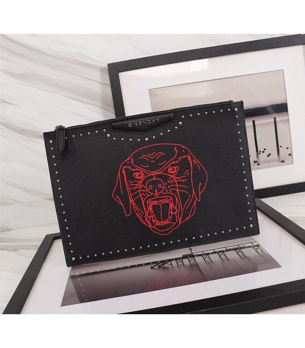 Givenchy Red Dog Bead Black Original Real Leather Zipper Pouch