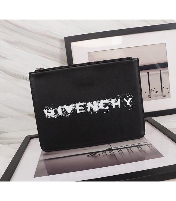 Givenchy White Logo Print Black Original Real Leather Zipper Pouch