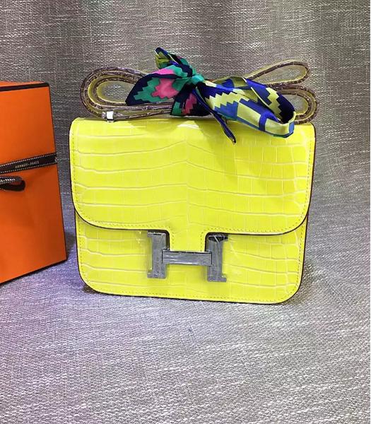 Hermes 23cm Croc Veins Lemon Yellow Leather Shoulder Bag