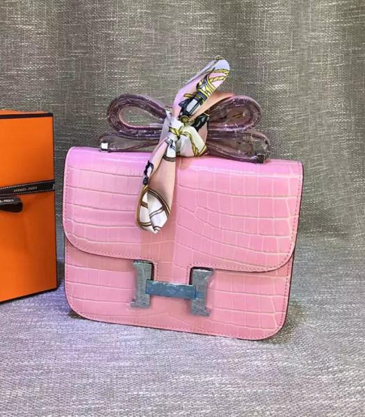 Hermes 23cm Croc Veins Pink Leather Shoulder Bag