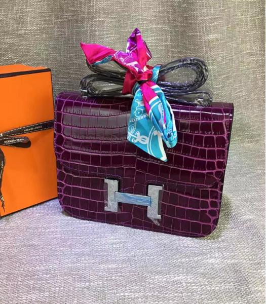 Hermes 23cm Croc Veins Purple Leather Shoulder Bag
