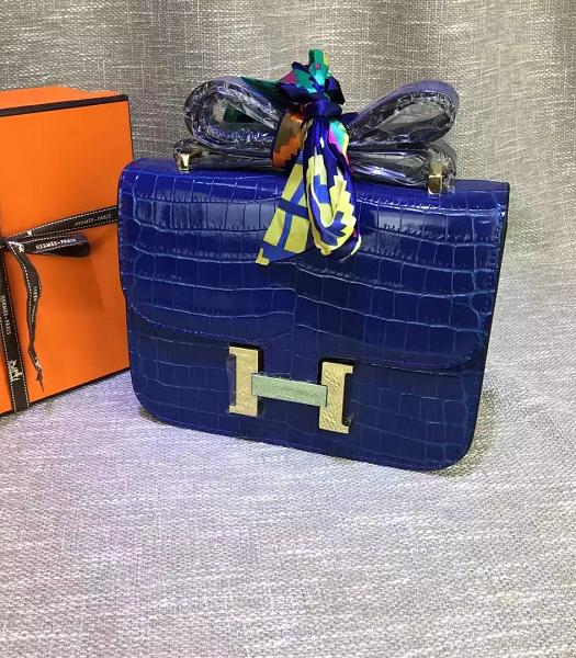 Hermes 23cm Croc Veins Sapphire Blue Leather Shoulder Bag