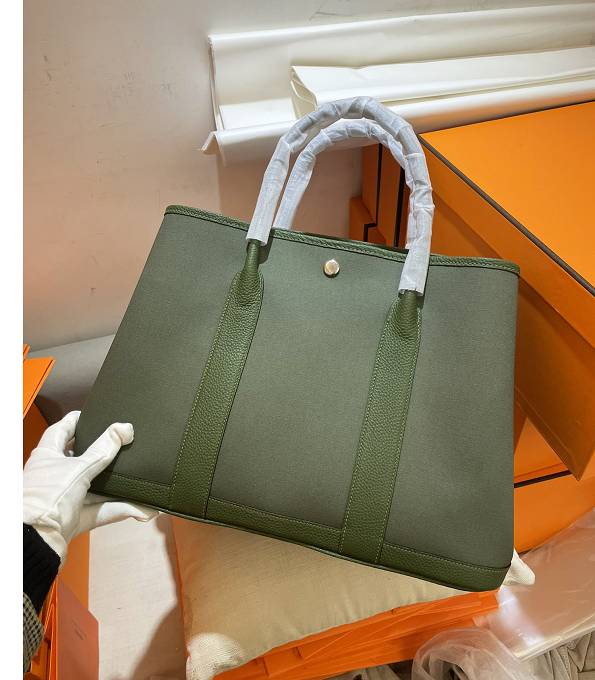 Hermes 30cm Garden Party Tote Bag Army Green Canvas With Original Calfskin Leather