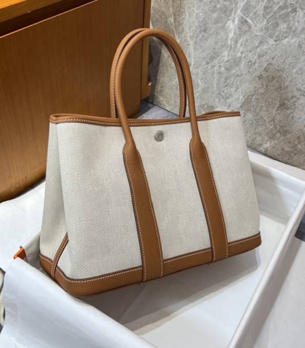 Hermes 30cm Garden Party Tote Bag White Canvas With Brown Original Calfskin Leather-1