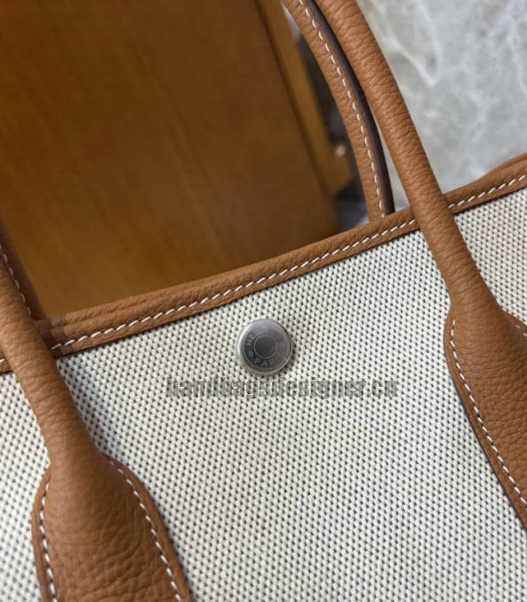 Hermes 30cm Garden Party Tote Bag White Canvas With Brown Original Calfskin Leather-2