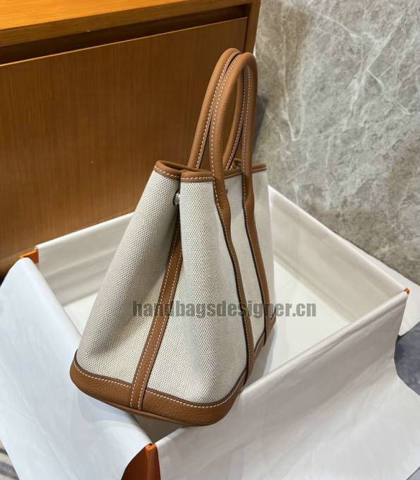 Hermes 30cm Garden Party Tote Bag White Canvas With Brown Original Calfskin Leather-3