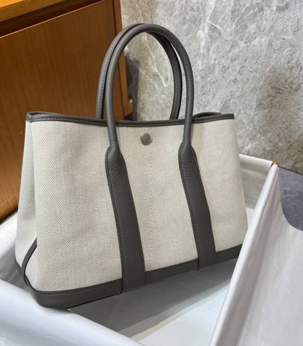 Hermes 30cm Garden Party Tote Bag White Canvas With Grey Original Calfskin Leather-1