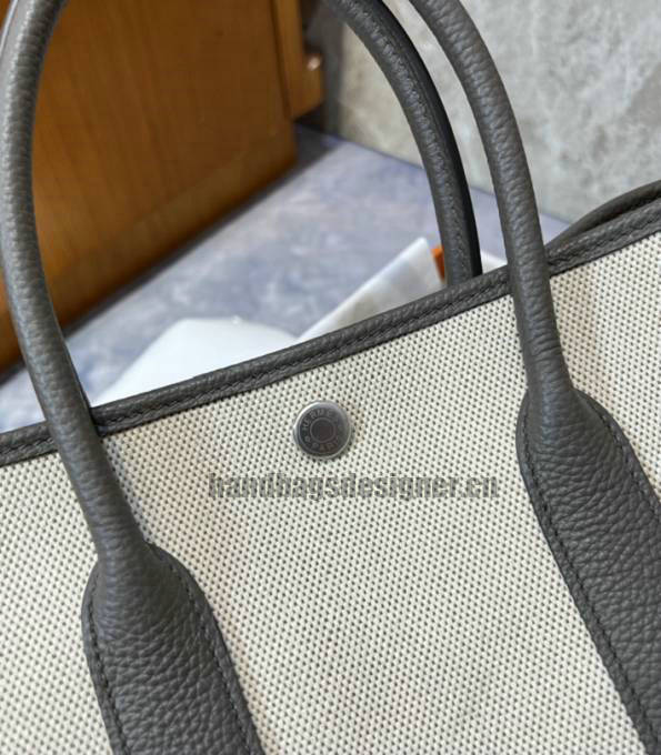 Hermes 30cm Garden Party Tote Bag White Canvas With Grey Original Calfskin Leather-2