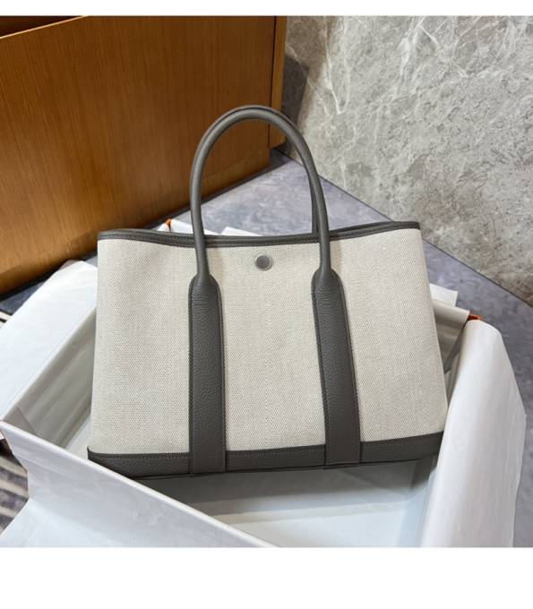 Hermes 30cm Garden Party Tote Bag White Canvas With Grey Original Calfskin Leather