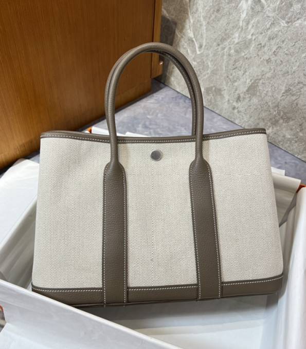 Hermes 30cm Garden Party Tote Bag White Canvas With Khaki Original Calfskin Leather-1