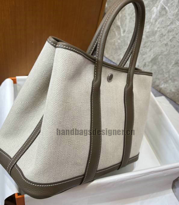 Hermes 30cm Garden Party Tote Bag White Canvas With Khaki Original Calfskin Leather-2