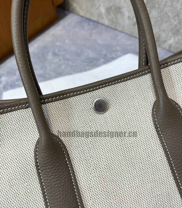 Hermes 30cm Garden Party Tote Bag White Canvas With Khaki Original Calfskin Leather-4
