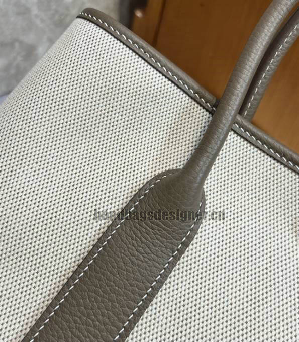 Hermes 30cm Garden Party Tote Bag White Canvas With Khaki Original Calfskin Leather-6