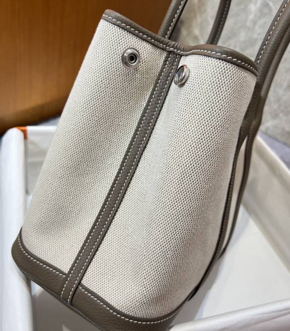Hermes 30cm Garden Party Tote Bag White Canvas With Khaki Original Calfskin Leather-8