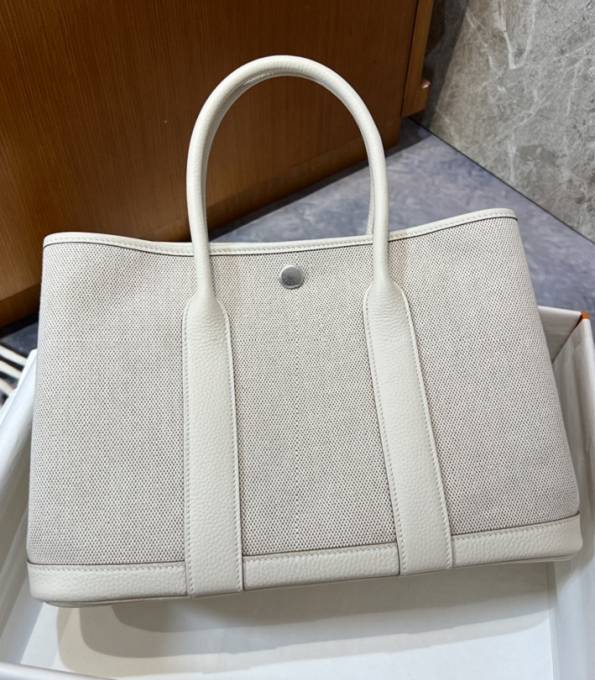 Hermes 30cm Garden Party Tote Bag White Canvas With Original Calfskin Leather-1