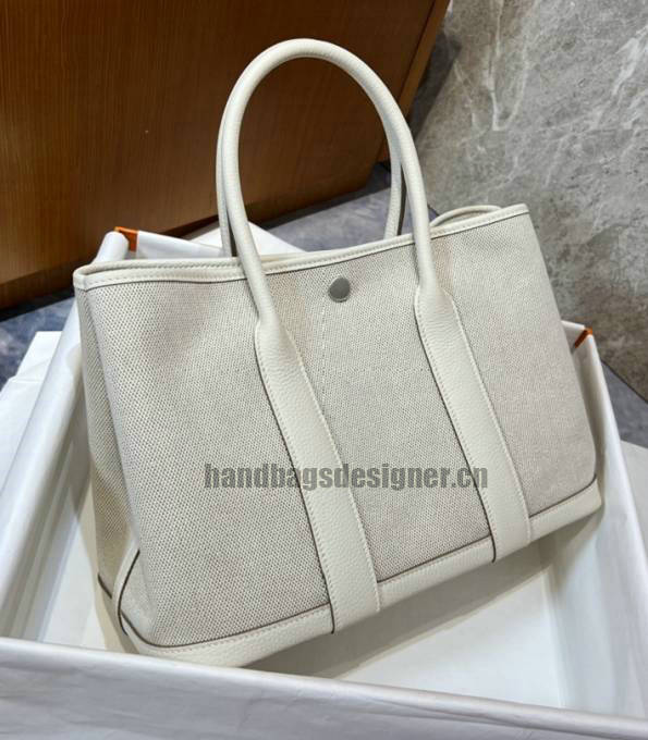 Hermes 30cm Garden Party Tote Bag White Canvas With Original Calfskin Leather-2