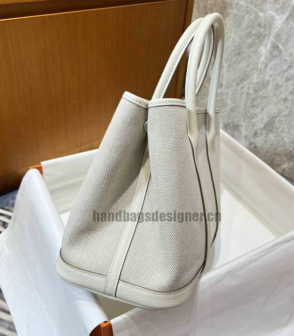 Hermes 30cm Garden Party Tote Bag White Canvas With Original Calfskin Leather-3