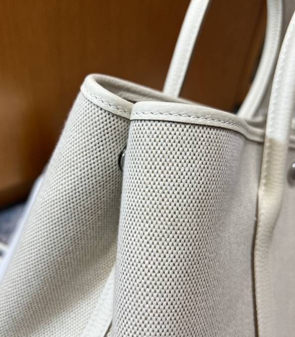 Hermes 30cm Garden Party Tote Bag White Canvas With Original Calfskin Leather-5