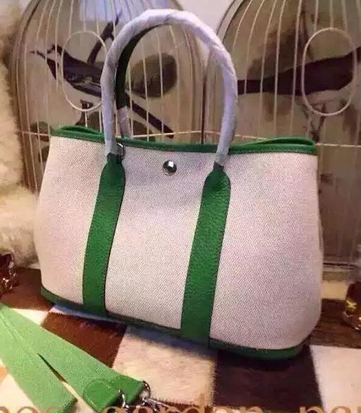 Hermes 32cm Fabric With Grass Green Leather Garden Party Tote Bag