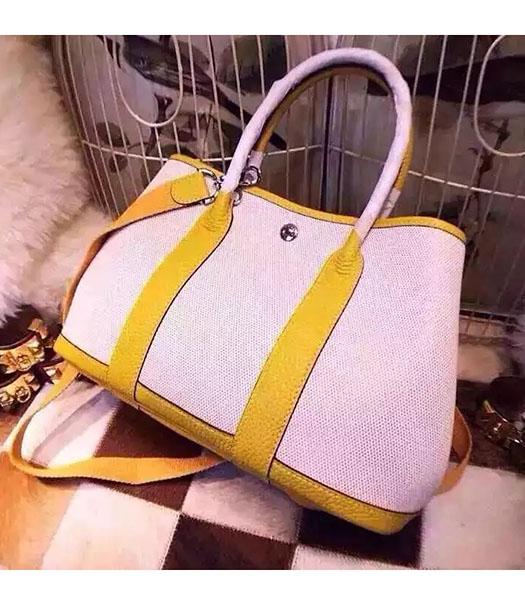 Hermes 32cm Fabric With Lemon Yellow Leather Garden Party Tote Bag