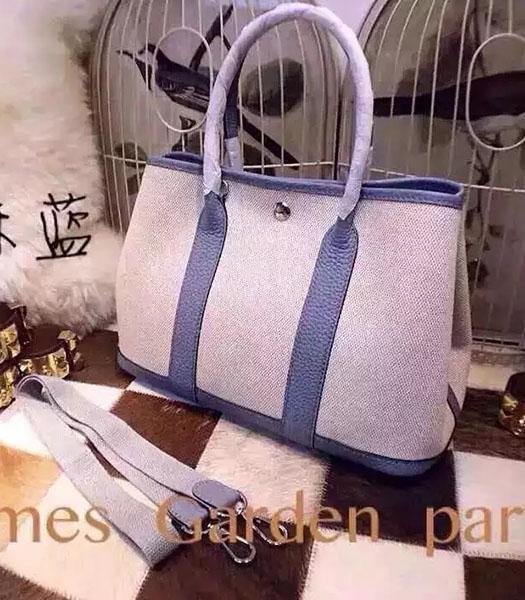 Hermes 32cm Fabric With Light Blue Leather Garden Party Tote Bag