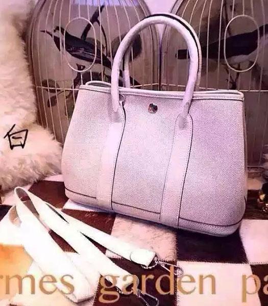 Hermes 32cm Fabric With White Leather Garden Party Tote Bag