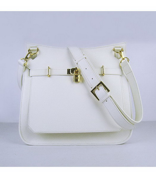 Hermes 34cm Unisex Jypsiere Calfskin Leather Bag White with Golden Metal