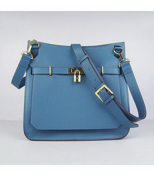 Hermes 34cm Unisex Jypsiere Togo Leather Bag Middle Blue with Golden Metal