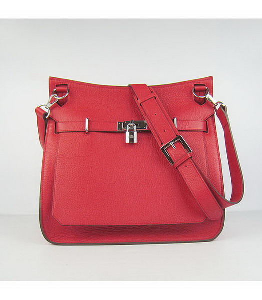 Hermes 34cm Unisex Jypsiere Togo Leather Bag Red with Silver Metal