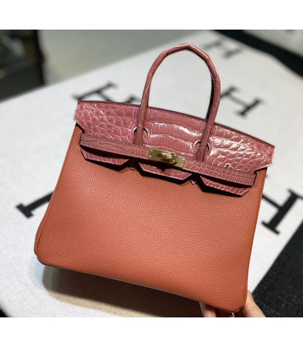 Hermes Birkin 25cm Bag Crevette Pink Original Real Croc Leather With Brown Togo Leather Golden Metal
