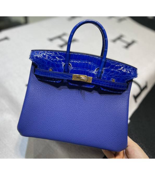 Hermes Birkin 25cm Bag Electric Blue Original Real Croc Leather With Togo Leather Golden Metal