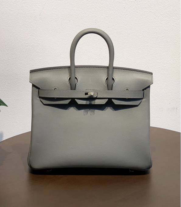 Hermes Birkin 25cm Bag Etain Grey Original Swift Leather Golden Metal