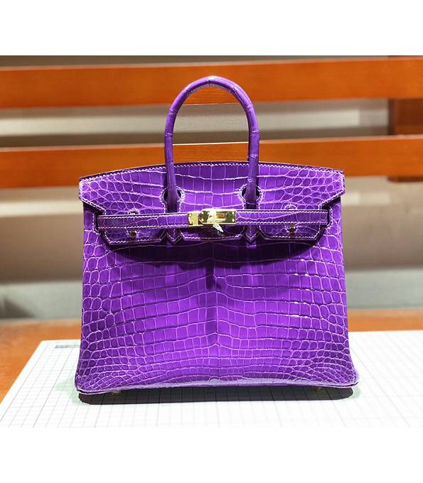 Hermes Birkin 25cm Bag Purple Real Croc Leather Golden Metal