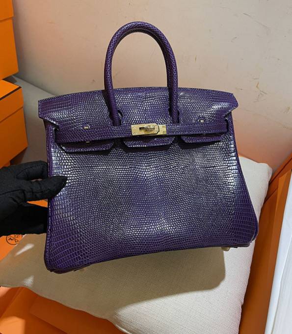 Hermes Birkin 25cm Bag Purple Real Lizard Leather Golden Metal