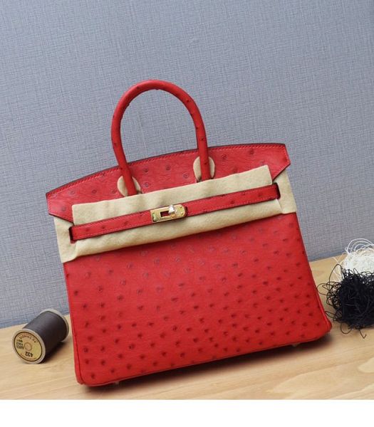 Hermes Birkin 25cm Bag Red Real Ostrich Leather Golden Metal